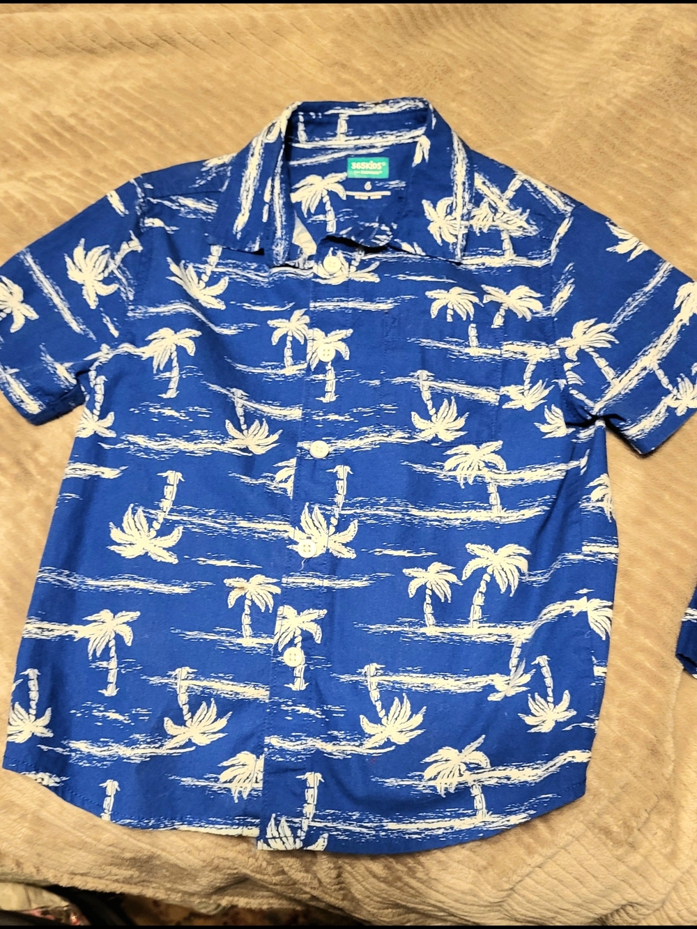 Set!! Cherokee Blue Palm-Print Short-Sleeve Button-Up